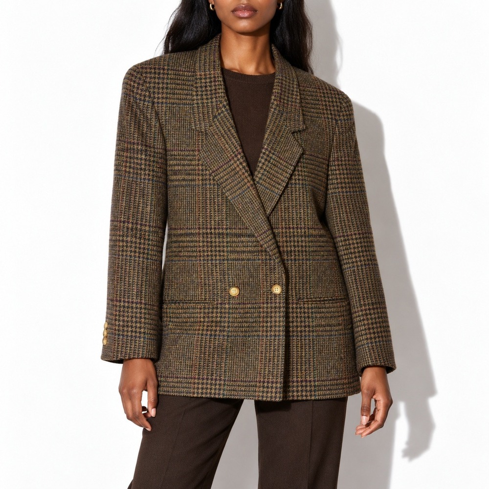 80s Vintage Tweed Double Breasted Blazer Womens L Tweed Wool Boxy Plaid Jacket